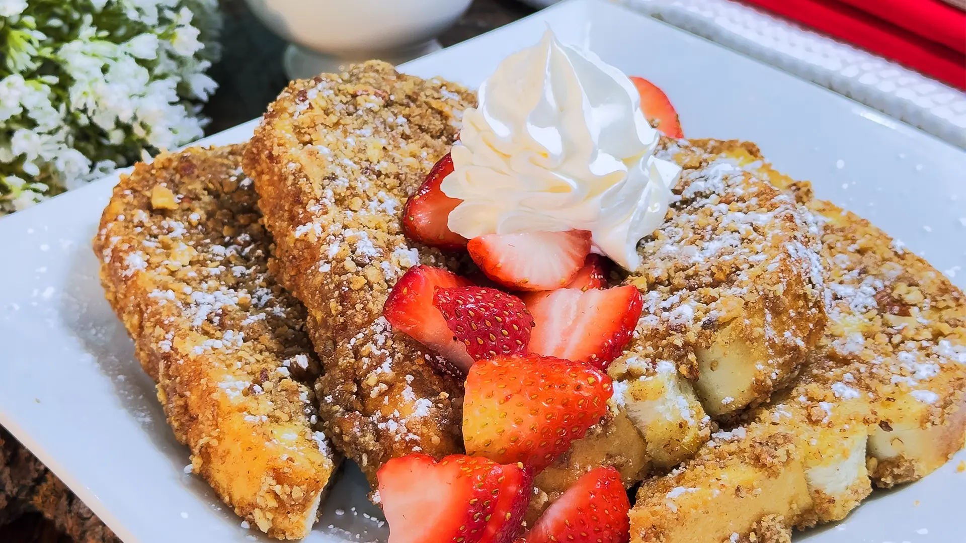 Cinnamon Pecan Crusted French Toast weekend brunch menu item at Drift On Grand restaurant in Grove, OK