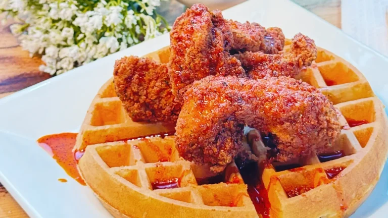 Chicken and waffles brunch menu item at Drift On Grand in Grove, OK
